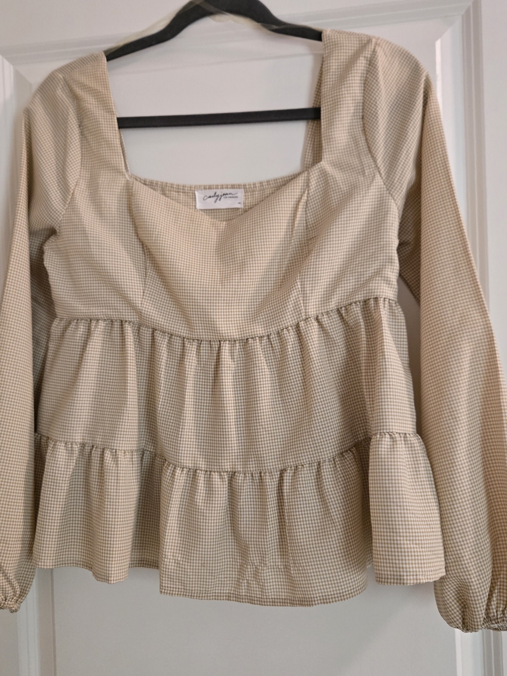 Calypso Cream Gingham Tiered Long-Sleeve Peasant Top